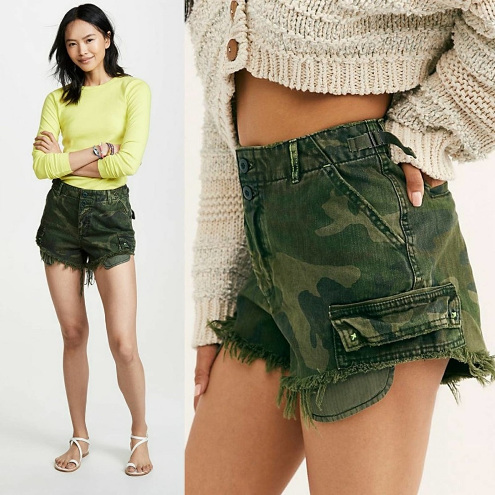 Free People Commander Cutoff Olive Camo Shorts NEW
